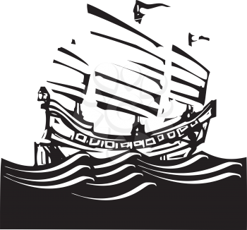 Woodcut style image of chinese junk sailing on the ocean