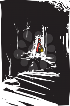 Woodcut style expressionist image of red riding hood in the dark forest