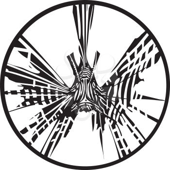 Woodcut style image of a tropical lionfish in a circle.