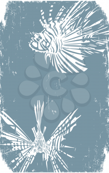 Woodcut style image of tropical lionfishes in print style