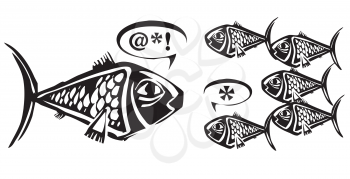 Woodcut style fish speaking to each other in symbols