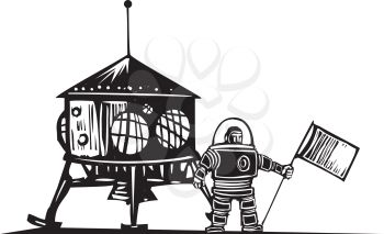 Woodcut style steampunk astronaut with a flag