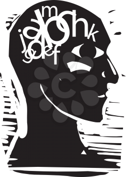 Woodcut expressionist style image of a man with letters jumbled in his head. Dyslexia idea. 