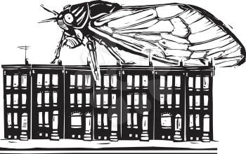 Woodcut expressionist style image of a Brood X Cicada crawling on baltimore row houses