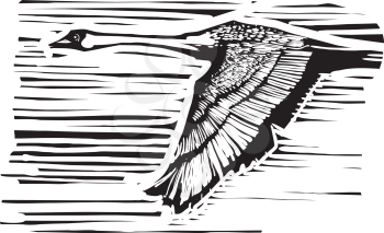Woodcut expressionist style Swan in flight