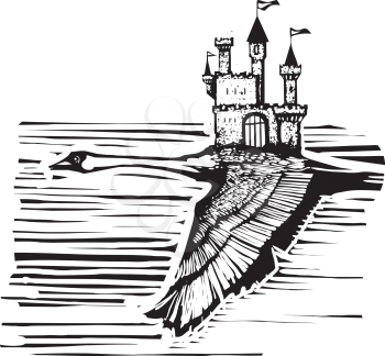 Woodcut expressionist style Swan in flight with a fairytale castle on its back