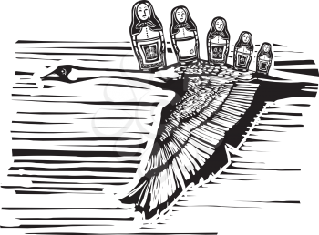 Woodcut expressionist style Swan in flight with russian nested dolls on its back