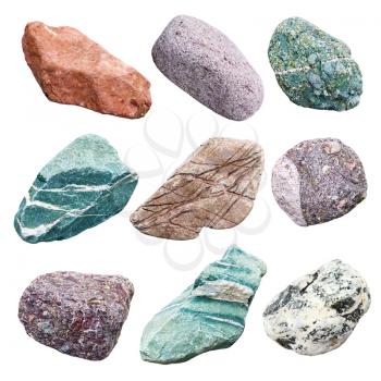 Set of nine minerals isolated on white background