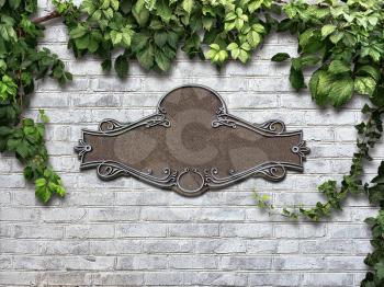 Vintage cast metal plate and climbing plant on the white brick wall