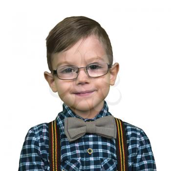 boy with glasses and bow tie isolated on white background