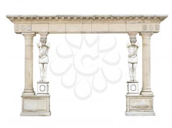 Antique stone arch with atlantes in the form of columns isolated on white background