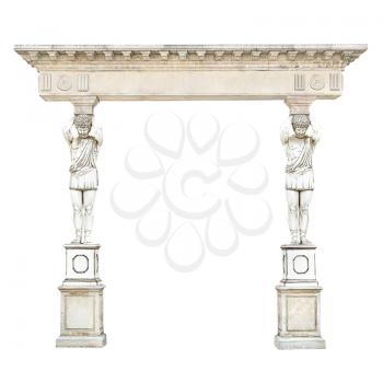 Antique stone arch with atlantes in the form of columns isolated on white background
