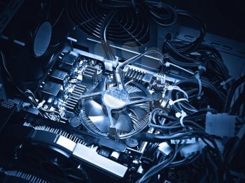 Close-up of the internal system block a PC, blue tone, light effect