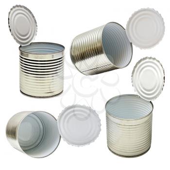 Set of empty open tin cans isolated on white background