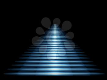 Luminous blue staircase leading up on a black background