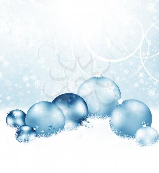 Royalty Free Clipart Image of a Snowfall on Christmas Ornaments