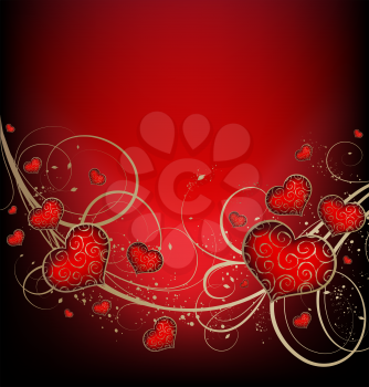 Valentines vector background with hearts and golden ornate