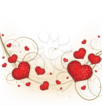 Valentines vector background with hearts and golden ornate