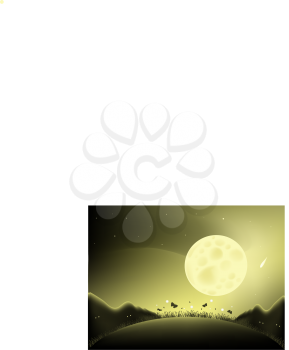 Illustrated with a large full moon with a silhouette of mountains, butterflies and fireflies