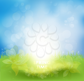 Spring Background With Flower, Sun Rays And Butterflies