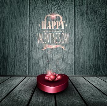 Valentine's Day Background With Giftbox, Hearts And Title Inscription On A Wooden Floor