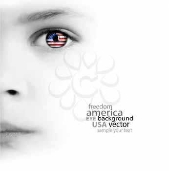 White Background With Beauty Child's Face, Eye And American Flag