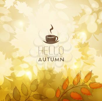 Autumn Fall Orange Background With Maple Leafs, Cup Of Hot Coffee And Text