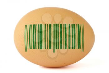 brown egg with green barcode over a white background