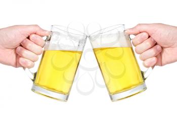 Two people making a toast with beer mugs  against white background