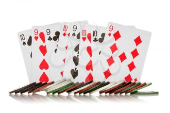 Chips and cards   for poker on white background