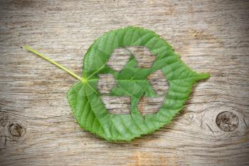 Green leaf with recycle symbol on the wooden background