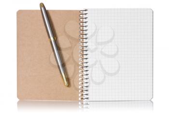 Opened notebook and pen isolated on white background