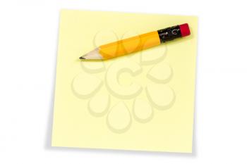 Sticky note with yellow pencil. Isolated on white background