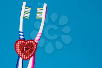 Two toothbrushes with heart, symbolizing love and life together