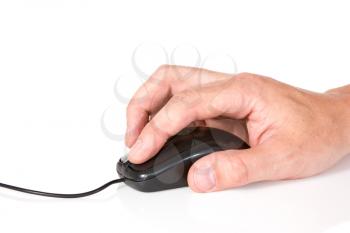 Hand with black wired computer mouse on a white background