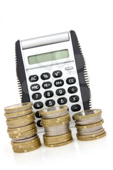  Stair of coins and calculator on white background