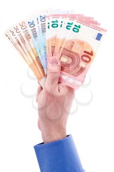 Man hand with euro isolated on white background