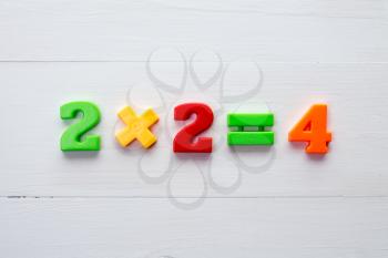 Math example with color numbers  on a white wood background