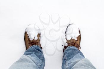 Human legs with brown leather shoes standing in the snow. Top view.