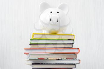 Piggy bank on a stack of books, concept of education costs
