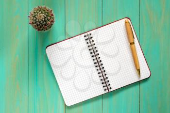 Small cactus and open notebook on the table.Top view.