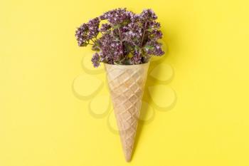 Herbs in a waffle cone on a yellow background. Flat lay, top view.