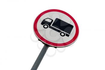 Road sign prohibiting the movement of trucks. Isolated on white background