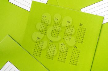 Multiplication table on green exercise book cover