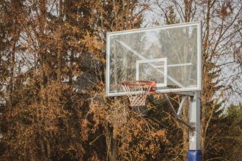  Close up shot of basketball hoop with autumn trees in background