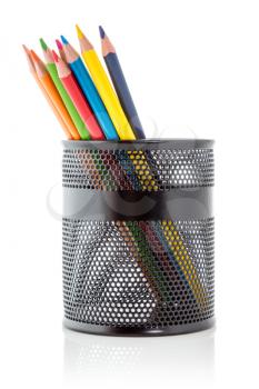 Colorful pencils in the metal pot,isolated on white background