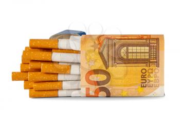 Package of cigarette wrapped in a 50 Euro banknote. Smoking- expensive habit.
