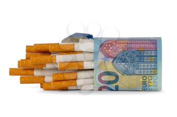 Package of cigarette wrapped in a 20 Euro banknote. Expensive bad  habit.