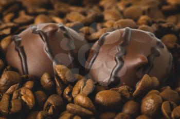 Close up of chocolate pralines in the coffee beans