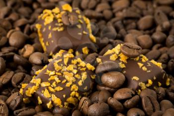 Close up of chocolate pralines with coffee beans